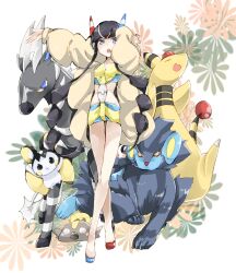  ampharos asymmetrical_footwear bare_legs black_hair blue_eyes coat commentary_request elesa_(pokemon) emolga female fur_coat headphones long_hair luxray mismatched_footwear photoshop_(medium) pokemon pokemon_(creature) pokemon_bw2 rinkashline sidelocks stunfisk very_long_hair zebstrika 