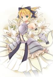  ahoge armor armored_dress artoria_pendragon_(fate) bad_id bad_pixiv_id bare_shoulders blonde_hair bow breastplate detached_sleeves dress fate/stay_night fate/unlimited_codes fate_(series) female flower gauntlets green_eyes hairbow kita_(kitairoha) lily_(flower) long_hair name_connection object_namesake ponytail saber_lily solo white_flower white_lily 