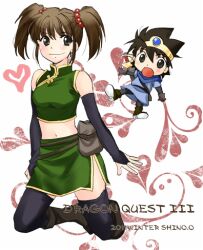  1boy blush boots bridal_gauntlets brown_eyes brown_hair chibi chibi_inset circlet dragon_quest dragon_quest_iii elbow_gloves female fighter_(dq3) gloves hair_bobbles hair_ornament hero_(dq3) kneeling lowres midriff orikoshi_shino roto_(dq3) short_hair short_twintails side_slit skirt smile sword thighhighs twintails weapon 