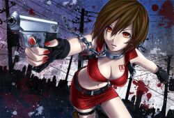  breasts brown_eyes brown_hair chains cleavage collar commentary_request crop_top female finger_on_trigger fingerless_gloves gloves gun handgun holding holding_gun holding_weapon kirita_asami medium_breasts meiko_(vocaloid) midriff nail_polish navel short_hair solo vocaloid walther walther_ppk weapon 