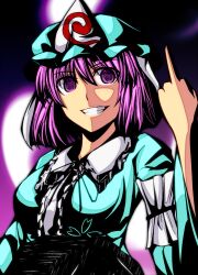  aqua_kimono arm_garter commentary_request female frills grin hat japanese_clothes kimono long_sleeves looking_at_viewer middle_finger mob_cap purple_eyes purple_hair saigyouji_yuyuko short_hair smile solo teeth touhou triangular_headpiece vegas_(akg) 