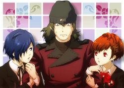  2boys aragaki_shinjirou arm_hug beanie black_hair blue_eyes brown_hair buttons commentary_request double-breasted female gekkoukan_high_school_uniform hair_ornament hair_over_one_eye hairclip hat jigoku_meguri multiple_boys persona persona_3 persona_3_portable photoshop_(medium) red_eyes school_uniform shiomi_kotone short_hair yuuki_makoto_(persona_3) 