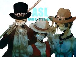  3boys abs brother brothers cravat goggles hat jacket jewelry male male_focus monkey_d_luffy multiple_boys muscle necklace one_piece open_clothes open_jacket open_vest pole portgas_d_ace sabo_(one_piece) sad_face scar siblings smiley_face straw_hat text top_hat topless vest wink 