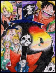  6+boys afro black_hair blonde_hair blue_hair brook cowboy_hat death franky goggles green_hair hair_over_one_eye hat jolly_roger laboon male male_focus mizuta_madaisuki monkey_d_luffy mouth_hold multiple_boys nami nami_(one_piece) nico_robin ocean one_piece orange_hair pirate pirate_flag polka_dot_shirt roronoa_zoro sanji scar ship shirt skeleton skull smile straw_hat tony_tony_chopper top_hat traditional_media usopp whale wink yorki 