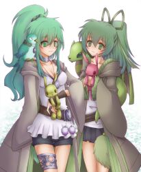  2girls anklet bad_id bad_pixiv_id belt bike_shorts bird blush bracelet breasts choker commentary_request dragon duel_monster fingerless_gloves gloves green_eyes green_hair gusto_gulldo hayabusa_koi jacket jewelry long_hair medium_breasts multiple_girls necklace petit_dragon ponytail rabbit shorts siblings sisters skirt smile stuffed_animal stuffed_toy winda_(yu-gi-oh!) winda_priestess_of_gusto wristband wynn_(yu-gi-oh!) wynn_the_wind_charmer yu-gi-oh! yu-gi-oh!_duel_monsters 