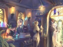  4girls :d arch_bishop_(ragnarok_online) blonde_hair blue_eyes book bottle breasts broom brown_hair candle cleavage commentary_request deviruchi dress flora_(ragnarok_online) hair_ribbon hairband hat head_rest indoors jewelry lantern long_hair medium_breasts multiple_girls norapeko open_mouth polearm ragnarok_online red_eyes ribbon ring smile sorcerer_(ragnarok_online) trident vase warlock_(ragnarok_online) weapon white_hair window 