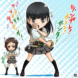  2girls amagami ayatsuji_tsukasa bad_id bad_pixiv_id belt black_eyes black_hair brown_eyes brown_hair kamen_rider kamen_rider_birth kamen_rider_ooo kamen_rider_ooo_(series) kibito_high_school_uniform kurosawa_noriko long_hair multiple_girls osomatu-sama parody school_uniform sweater_vest translated 