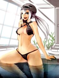  :d at2. bikini black_bikini breasts cameltoe commentary_request criss-cross_halter female grey_hair halterneck hat indoors medium_breasts minecraft navel open_mouth partially_submerged personification pool poolside rei_no_pool sitting skeleton_(minecraft) smile solo swimsuit twintails water window 