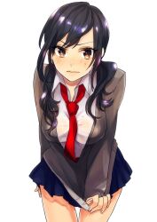  bad_id bad_pixiv_id black_hair blush brown_eyes clothes_tug czc_(deko) female long_hair low_twintails necktie original photoshop_(medium) school_uniform simple_background skirt solo sweater sweater_tug twintails white_background 