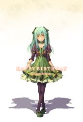  alternate_costume alternate_hair_color bad_id bad_pixiv_id birthday black_pantyhose bow choker cropped_jacket crossed_legs curtsey dress eiyuu_densetsu expressionless female full_body green_dress green_hair guaiguaigun hairbow highres long_hair mary_janes pantyhose shadow shoes skirt_hold solo standing tio_plato two_side_up watson_cross white_background yellow_eyes zero_no_kiseki 