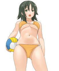  atsuko_(minami-ke) bad_id bad_pixiv_id bikini black_hair breasts commentary_request female green_eyes medium_breasts minami-ke mo-fu solo swimsuit underboob volleyball 