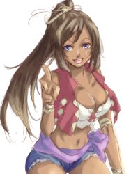  aokiri_(dolce) bad_id bad_pixiv_id blue_eyes breasts brown_hair cleavage cutoffs dark-skinned_female dark_skin denim denim_shorts female highres large_breasts long_hair midriff navel noloty_malche open_mouth ponytail shorts simple_background smile solo tan tatakau_shisho v white_background 