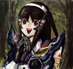  :d android black_hair commentary_request faux_traditional_media female forest gotoask lisa_(pso2) nature open_mouth own_hands_together phantasy_star phantasy_star_online_2 portrait red_eyes smile solo 