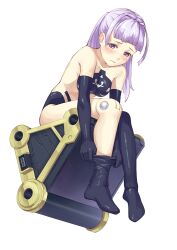  bare_shoulders black_gloves black_thighhighs blush busou_shinki commentary_request eichisu elbow_gloves female gloves joints purple_eyes purple_hair robot_joints sharatang_(busou_shinki) simple_background sitting sock_pull solo thighhighs white_background 