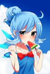  alternate_hairstyle bare_shoulders blue_bow blue_eyes blue_hair blue_nails blush bow cirno collarbone commentary_request dress earrings female food fruit hair_ornament hairbow hairclip highres jewelry looking_at_viewer nail_polish negiko popsicle red_bow short_hair solo star_(symbol) star_earrings star_hair_ornament strap_slip touhou upper_body watermelon watermelon_bar 