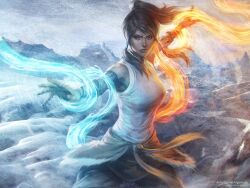  avatar_legends bare_shoulders blue_eyes brown_hair commentary dark-skinned_female dark_skin element_bending english_commentary eyelashes female fighting_stance fingernails fire hair_tubes highres korra lips long_hair photoshop_(medium) ponytail signature snow solo stanley_lau the_legend_of_korra topknot vambraces water 