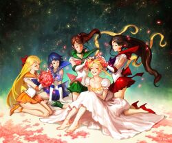  5girls aino_minako anklet artist_name back_bow bare_legs barefoot bishoujo_senshi_sailor_moon black_hair blonde_hair blue_hair blue_sailor_collar blue_skirt boots bow brooch brown_hair choker closed_eyes commentary_request crescent crescent_facial_mark double_bun earrings elbow_gloves eyelashes facial_mark feet flower gloves green_choker green_footwear green_sailor_collar green_skirt grin hair_bun half_updo high_heel_boots high_heels high_ponytail hino_rei inner_senshi jewelry kino_makoto kneeling legs long_hair magical_girl md5_mismatch mizuno_ami multiple_girls no_choker orange_sailor_collar orange_skirt petals photoshop_(medium) pink_bow ponytail princess_serenity puffy_sleeves red_bow red_choker red_sailor_collar red_skirt resolution_mismatch ribbon sailor_collar sailor_jupiter sailor_mars sailor_mercury sailor_senshi sailor_senshi_uniform sailor_venus shabomu shoes short_hair sitting skirt smile source_smaller star_(symbol) strappy_heels tiara tsukino_usagi twintails white_gloves 