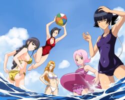  5girls absurdres adjusting_clothes adjusting_swimsuit ass ball beachball bikini black_hair bleach blonde_hair blue_eyes blush_stickers braid breasts cleavage commentary_request covered_navel day derivative_work frown glasses grey_eyes guu@madao_nuno hand_on_head hands_on_own_hips highres innertube ise_nanao jumping kurotsuchi_nemu kusajishi_yachiru long_hair matsumoto_rangiku medium_breasts mole mole_under_mouth multiple_girls navel ocean one-piece_swimsuit outdoors pink_bikini pink_eyes pink_hair school_swimsuit short_hair side-tie_bikini_bottom single_braid smile striped_bikini striped_clothes sui-feng swim_ring swimsuit 