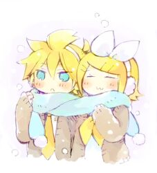  1boy :3 blonde_hair blue_eyes blue_scarf brother_and_sister commentary_request earmuffs female hair_ornament hair_ribbon hairclip kagamine_len kagamine_rin ribbon scarf shared_clothes shared_scarf short_hair siblings twins vocaloid yukkii 