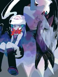  blue_eyes blue_hair blue_sclera bright_pupils colored_sclera dark darkrai dawn_(pokemon) female floating_hair hair_ornament hat kuboba_(guroppa) pokemon pokemon_(creature) pokemon_dppt red_scarf scarf sitting skirt smoke tegaki whisp white_hair white_pupils 