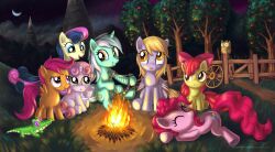  2012 alexmakovsky alligator alligatorid amber_eyes apple apple_bloom_(mlp) avian bird blonde_hair blue_eyes blue_hair bonbon_(mlp) campfire camping closed_eyes crocodilian cutie_mark cutie_mark_crusaders_(mlp) derpy_hooves detailed_background earth_pony equid equine feathered_wings feathers female fence feral fire food friendship_is_magic fruit grass green_eyes grey_body grey_feathers group gummy_(mlp) hair harp hasbro hi_res horn horse lying lyra_heartstrings_(mlp) mammal moon multicolored_hair musical_instrument my_little_pony mythological_creature mythological_equine mythology night on_back open_mouth orange_body orange_feathers owl pegasus pink_hair pinkie_pie_(mlp) plant plucked_string_instrument pony purple_eyes quadruped red_hair reptile scalie scootaloo_(mlp) sitting sleeping smile star string_instrument sweetie_belle_(mlp) tail tree two_tone_hair unicorn wheel white_hair wings wood young young_feral 