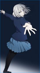  aged_down bad_id bad_pixiv_id blazer blue_eyes female jacket jormungand_(manga) jpeg_artifacts koko_hekmatyar kurage outstretched_arms outstretched_hand school_uniform short_hair skirt smile solo spread_arms white_hair 