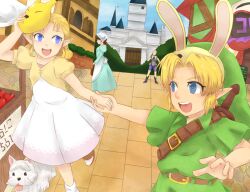  3girls animal_ears apple bad_id bad_pixiv_id belt blonde_hair blue_eyes bunny_ears canine character_request dress food fruit hat holding_hands impa link mask multiple_girls pointy_ears princess_zelda riko_(sorube) sword the_legend_of_zelda the_legend_of_zelda:_ocarina_of_time weapon young_link young_zelda younger 