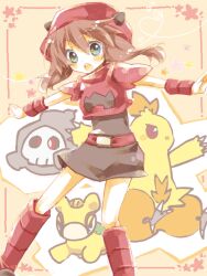  amamiya_kabosu belt blush brown_hair combusken dress duskull female may_(pokemon) numel pokemon pokemon_(creature) pokemon_rse team_magma team_magma_grunt team_magma_uniform tegaki 