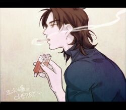  1boy brown_eyes brown_hair buretin cheekbones cigarette commentary_request fate/stay_night fate_(series) kotomine_kirei letterboxed male_focus smoking solo 