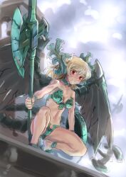  axe bare_legs bare_shoulders battle_axe belfry_gargoyle blonde_hair choker commentary_request dark_souls_(series) dark_souls_i day female from_below grin holding holding_weapon katahira_masashi looking_at_viewer midriff navel personification red_eyes sky smile solo squatting tail teeth weapon wings 