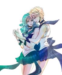  2girls back_bow bishoujo_senshi_sailor_moon blonde_hair blue_choker blue_sailor_collar blue_skirt bow brooch choker commentary_request elbow_gloves gloves heart heart_brooch holding_hands jewelry kaiou_michiru magical_girl multiple_girls outer_senshi parted_lips pleated_skirt sailor_collar sailor_neptune sailor_senshi sailor_senshi_uniform sailor_uranus short_hair skirt super_sailor_neptune super_sailor_uranus ten&#039;ou_haruka tiara usapotvvv very_short_hair white_background yuri 