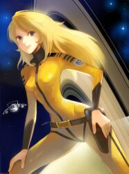  1970s_(style) belt blonde_hair bodysuit commentary_request female gun highres holster lips long_hair mori_yuki photoshop_(medium) planet retro_artstyle saturn_(planet) science_fiction shirokichi space spacecraft star_(sky) uchuu_senkan_yamato uchuu_senkan_yamato_2199 uniform weapon yamato_(uchuu_senkan_yamato) yellow_bodysuit 