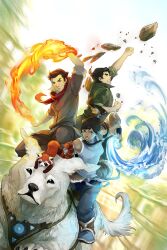  2boys armlet avatar_legends black_hair blue_eyes bolin brown_hair commentary dark_skin english_commentary female fire green_eyes hair_tubes highres korra long_hair mako_(avatar) multiple_boys naga_(avatar) pabu_(avatar) photoshop_(medium) polar_bear_dog ponytail red_panda rock the_legend_of_korra topknot vambraces water yellow_eyes yuumei 