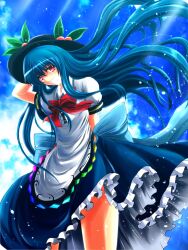  bad_id bad_pixiv_id blue_hair bow female food frills fruit hat highres hinanawi_tenshi leaf long_hair long_skirt nekominase peach puffy_sleeves red_eyes short_sleeves skirt sky smile solo touhou very_long_hair 