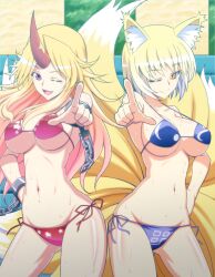  2girls animal_ears bikini blonde_hair breasts chains cleavage commentary_request cuffs fox_ears fox_tail h-new hand_on_own_hip highres horns hoshiguma_yuugi large_breasts long_hair looking_at_viewer multiple_girls multiple_tails navel no_headwear oerba_yun_fang one_eye_closed photoshop_(medium) pointing red_eyes shackles short_hair side-tie_bikini_bottom single_horn smile sweat swimsuit tail touhou wet yakumo_ran yellow_eyes 