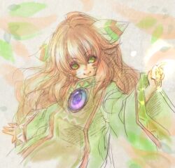  1other androgynous bad_id bad_pixiv_id facepaint feather_hair_ornament feathers gem green_eyes hair_ornament long_hair popoi_(seiken_densetsu_2) red_hair sacco seiken_densetsu seiken_densetsu_2 smile solo tunic 