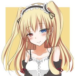  bare_shoulders blonde_hair blue_eyes blush boku_wa_tomodachi_ga_sukunai commentary_request female hairband hasegawa_kobato heterochromia lolita_hairband long_hair red_eyes sei000 smile solo two_side_up 