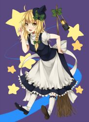  blonde_hair braid broom commentary_request female hand_on_own_hip hat kirisame_marisa kneehighs leaning_forward simple_background single_braid socks solo star_(symbol) touhou unasaka_ryou white_socks witch_hat 