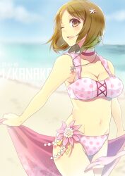  adapted_costume bad_id bad_pixiv_id beach bikini breasts brown_eyes brown_hair choker cleavage day female flower idolmaster idolmaster_cinderella_girls jewelry medium_breasts mimura_kanako navel necklace one_eye_closed open_mouth pink_bikini pink_dot_balloon_(idolmaster) pochi_(pochi-goya) polka_dot polka_dot_bikini sand short_hair smile solo swimsuit undressing 