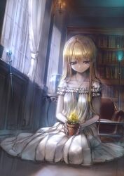  blonde_hair blue_eyes book bookshelf candle commentary couch curtains dress female flower flower_pot garuku highres indoors jewelry long_hair necklace original pendant photoshop_(medium) smile solo staff vase window 