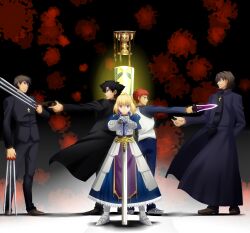  4boys aged_down ahoge armor armored_dress artoria_pendragon_(fate) avalon_(fate/stay_night) azoth_knife between_fingers black_eyes black_hair black_keys_(type-moon) blonde_hair brown_hair chalice character_profile commentary_request confrontation cross cup dagger dress dual_persona dual_wielding emiya_kiritsugu emiya_shirou excalibur_(fate/stay_night) facing_another fate/stay_night fate/zero fate_(series) faulds female gauntlets green_eyes gun handgun hands_on_hilt highres holding holding_dagger holding_gun holding_knife holding_weapon holy_grail_(fate) knife kotomine_kirei looking_at_viewer multiple_boys official_style orange_hair outstretched_arm own_hands_together parody planted planted_sword raglan_sleeves saber_(fate) sheath sheathed straight-on style_parody sword thompson/center_contender urako weapon 