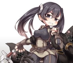  arm_grab black_eyes black_hair blush bracelet breasts clenched_teeth commentary_request contrapposto corset crab_man female fingerless_gloves fire_emblem fire_emblem_awakening gloves glowing glowing_eyes jewelry large_breasts leg_grab looking_at_viewer monster severa_(fire_emblem) simple_background smile standing sweat sword teeth twintails underbust weapon white_background 