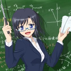  bad_id bad_pixiv_id black_hair blue_eyes book chalkboard copyright_request female glasses glint open_mouth pointer shino_(pixia) short_hair solo teacher 