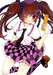  bad_id bad_pixiv_id black_socks blouse brown_hair case cha_(cha0-0) checkered_clothes checkered_skirt female geta graphite_(medium) hair_ribbon hat himekaidou_hatate kneehighs kneeling looking_at_viewer necktie one_eye_closed phone red_eyes ribbon shirt short_hair short_sleeves skirt smile socks solo tengu-geta tokin_hat touhou traditional_media twintails watercolor_pencil_(medium) 