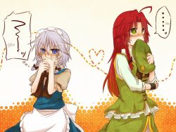  ... 2girls @_@ apron blue_dress blue_eyes blush braid chinese_clothes commentary covering_own_mouth dress green_eyes grey_hair hair_ribbon hat heart hong_meiling implied_yuri izayoi_sakuya long_hair maid maid_headdress multiple_girls red_hair ribbon shirt short_hair skirt skirt_set star_(symbol) touhou twin_braids unworn_hat unworn_headwear vest waist_apron yuuta_(monochrome) 