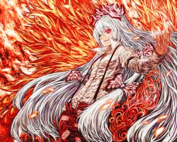  akasia bow colored_eyelashes commentary_request faux_traditional_media female fire fujiwara_no_mokou hair_over_one_eye hairbow hand_in_pocket hands long_hair long_sleeves outstretched_arm red_eyes shirt solo suspenders touhou very_long_hair white_hair white_shirt 