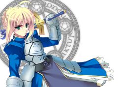  ahoge armor armored_dress artoria_pendragon_(fate) azu blonde_hair dress excalibur_(fate/stay_night) fate/zero fate_(series) female green_eyes hair_ribbon magic_circle over_shoulder puffy_sleeves ribbon saber_(fate) solo sword sword_over_shoulder weapon weapon_over_shoulder 