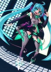  ahoge aqua_eyes aqua_hair bad_id bad_pixiv_id bridal_gauntlets center_opening character_name elbow_gloves female gloves hatsune_miku hatsune_miku_(append) holographic_interface long_hair looking_at_viewer mk-5 navel necktie open_mouth photoshop_(medium) solo twintails very_long_hair vocaloid vocaloid_append 