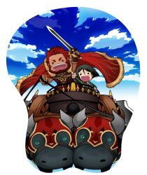  2boys armor beard black_hair breast_mousepad bull cape chariot chibi commentary_request facial_hair fate/zero fate_(series) gordius_wheel_(fate) iskandar_(fate) kikuyarou male_focus mousepad_(medium) multiple_boys parody pointing red_hair reins sword waver_velvet weapon 