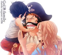  2boys black_hair blonde_hair carry carrying facial_hair family father father_and_son female female freckles gol_d_roger hat jolly_roger lolicon male mother moustache multiple_boys one_piece pirate pirate_hat portgas_d_ace portgas_d_rouge smile son time_paradox tricone 